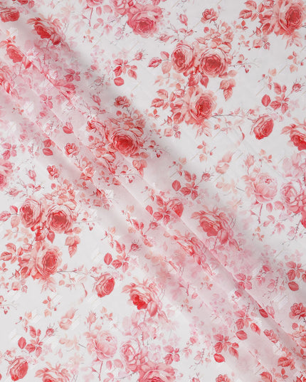 White Rose Print Cotton Voile Fabric with Red and Blush Floral Design, 140 Cms Width, Made in India-D24322