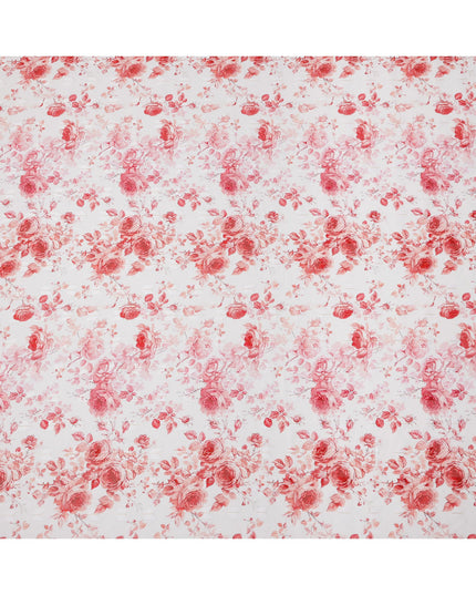 White Rose Print Cotton Voile Fabric with Red and Blush Floral Design, 140 Cms Width, Made in India-D24322