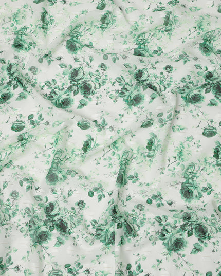 White Green Rose Print Cotton Voile Fabric with Watercolor Floral Detailing, 140 Cms Width, Made in India-D24323