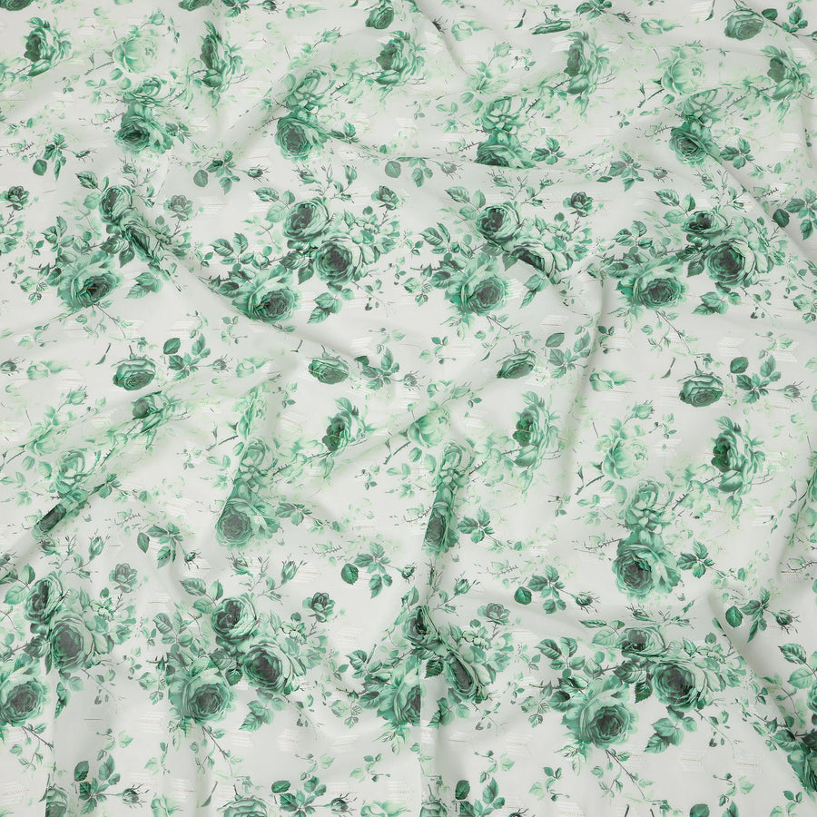 White Green Rose Print Cotton Voile Fabric with Watercolor Floral Detailing, 140 Cms Width, Made in India-D24323