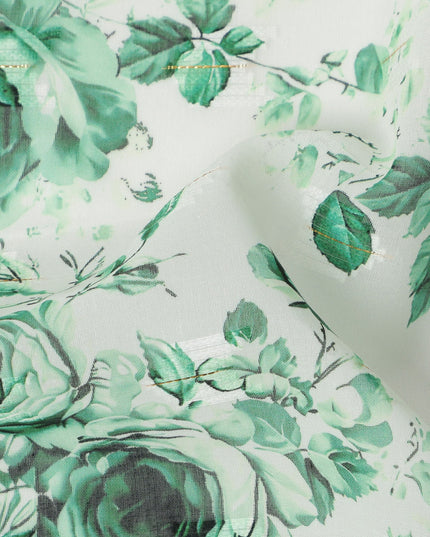 White Green Rose Print Cotton Voile Fabric with Watercolor Floral Detailing, 140 Cms Width, Made in India-D24323