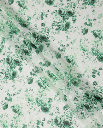 White Green Rose Print Cotton Voile Fabric with Watercolor Floral Detailing, 140 Cms Width, Made in India-D24323