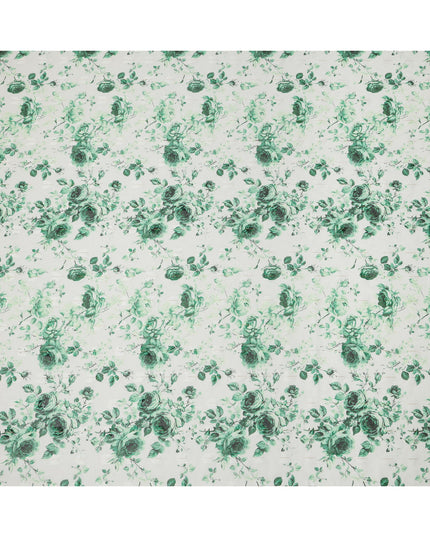 White Green Rose Print Cotton Voile Fabric with Watercolor Floral Detailing, 140 Cms Width, Made in India-D24323