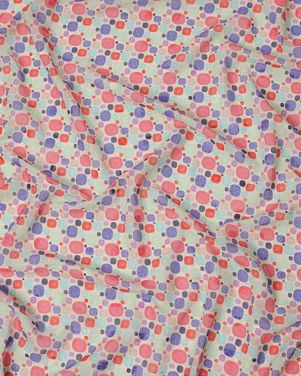 Mint Green Multicolor Abstract Dot Print Cotton Voile Fabric with Pink and Purple Accents, 140 Cms Width, Made in India-D24325