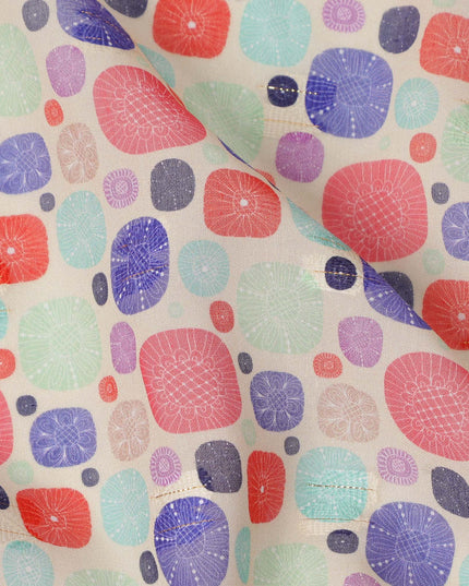 Mint Green Multicolor Abstract Dot Print Cotton Voile Fabric with Pink and Purple Accents, 140 Cms Width, Made in India-D24325