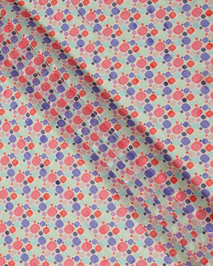 Mint Green Multicolor Abstract Dot Print Cotton Voile Fabric with Pink and Purple Accents, 140 Cms Width, Made in India-D24325