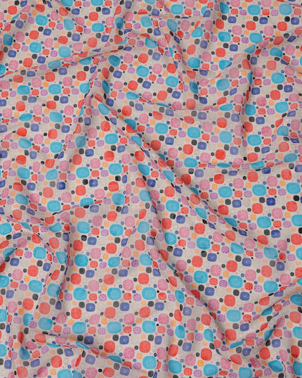 Beige Multicolor Abstract Dot Print Cotton Voile Fabric with Blue, Red, and Violet Accents, 140 Cms Width, Made in India-D24326