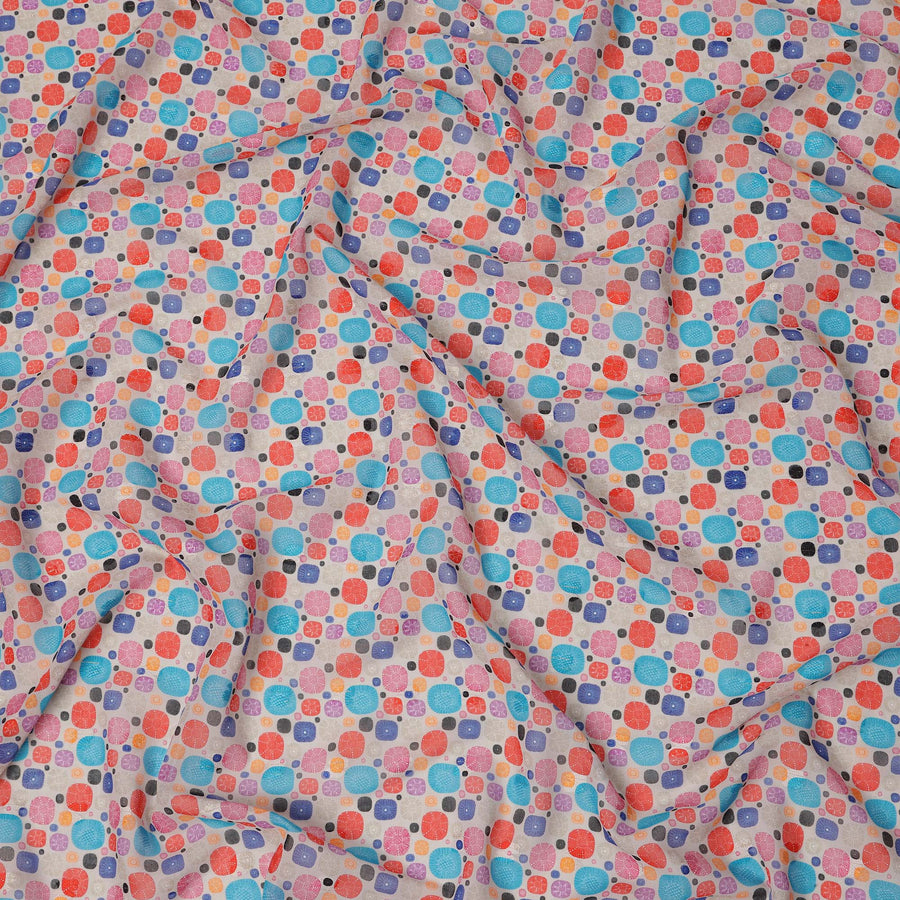 Beige Multicolor Abstract Dot Print Cotton Voile Fabric with Blue, Red, and Violet Accents, 140 Cms Width, Made in India-D24326