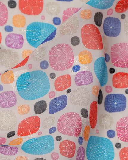 Beige Multicolor Abstract Dot Print Cotton Voile Fabric with Blue, Red, and Violet Accents, 140 Cms Width, Made in India-D24326
