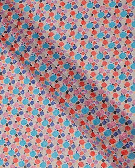 Beige Multicolor Abstract Dot Print Cotton Voile Fabric with Blue, Red, and Violet Accents, 140 Cms Width, Made in India-D24326