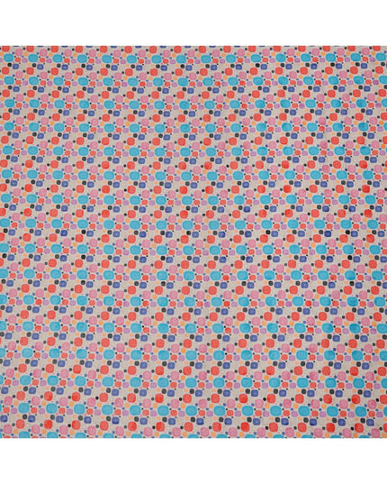 Beige Multicolor Abstract Dot Print Cotton Voile Fabric with Blue, Red, and Violet Accents, 140 Cms Width, Made in India-D24326