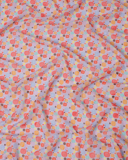 Lavender Multicolor Abstract Dot Print Cotton Voile Fabric with Orange, Red, and Yellow Accents, 140 Cms Width, Made in India-D24327