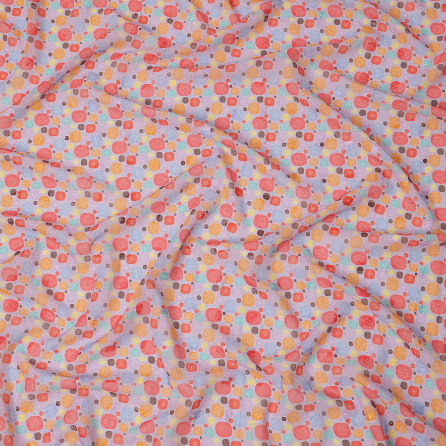 Lavender Multicolor Abstract Dot Print Cotton Voile Fabric with Orange, Red, and Yellow Accents, 140 Cms Width, Made in India-D24327