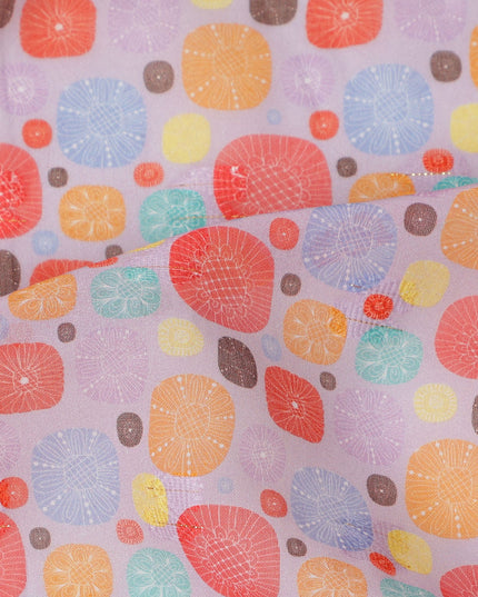 Lavender Multicolor Abstract Dot Print Cotton Voile Fabric with Orange, Red, and Yellow Accents, 140 Cms Width, Made in India-D24327