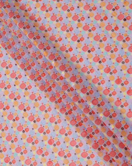 Lavender Multicolor Abstract Dot Print Cotton Voile Fabric with Orange, Red, and Yellow Accents, 140 Cms Width, Made in India-D24327