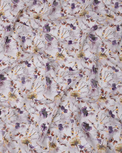 White Botanical Floral Print Cotton Voile Fabric with Purple, Olive, and Yellow Accents, 140 Cms Width, Made in India-D24328