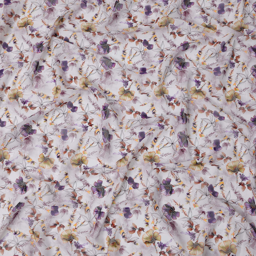 White Botanical Floral Print Cotton Voile Fabric with Purple, Olive, and Yellow Accents, 140 Cms Width, Made in India-D24328