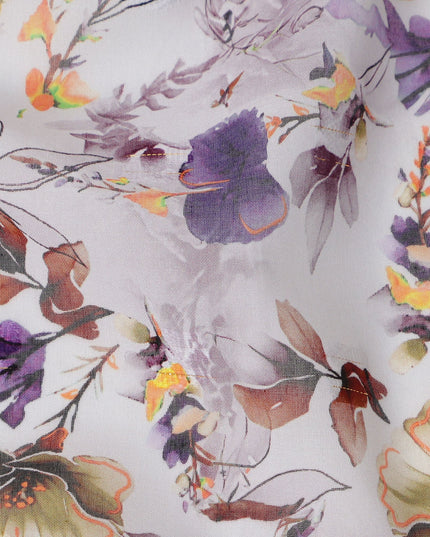 White Botanical Floral Print Cotton Voile Fabric with Purple, Olive, and Yellow Accents, 140 Cms Width, Made in India-D24328