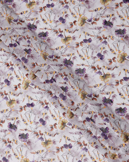 White Botanical Floral Print Cotton Voile Fabric with Purple, Olive, and Yellow Accents, 140 Cms Width, Made in India-D24328