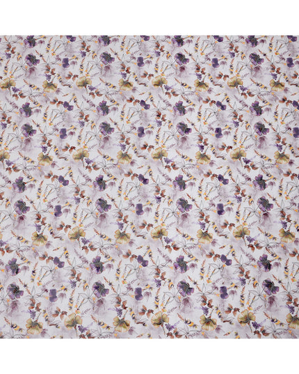 White Botanical Floral Print Cotton Voile Fabric with Purple, Olive, and Yellow Accents, 140 Cms Width, Made in India-D24328