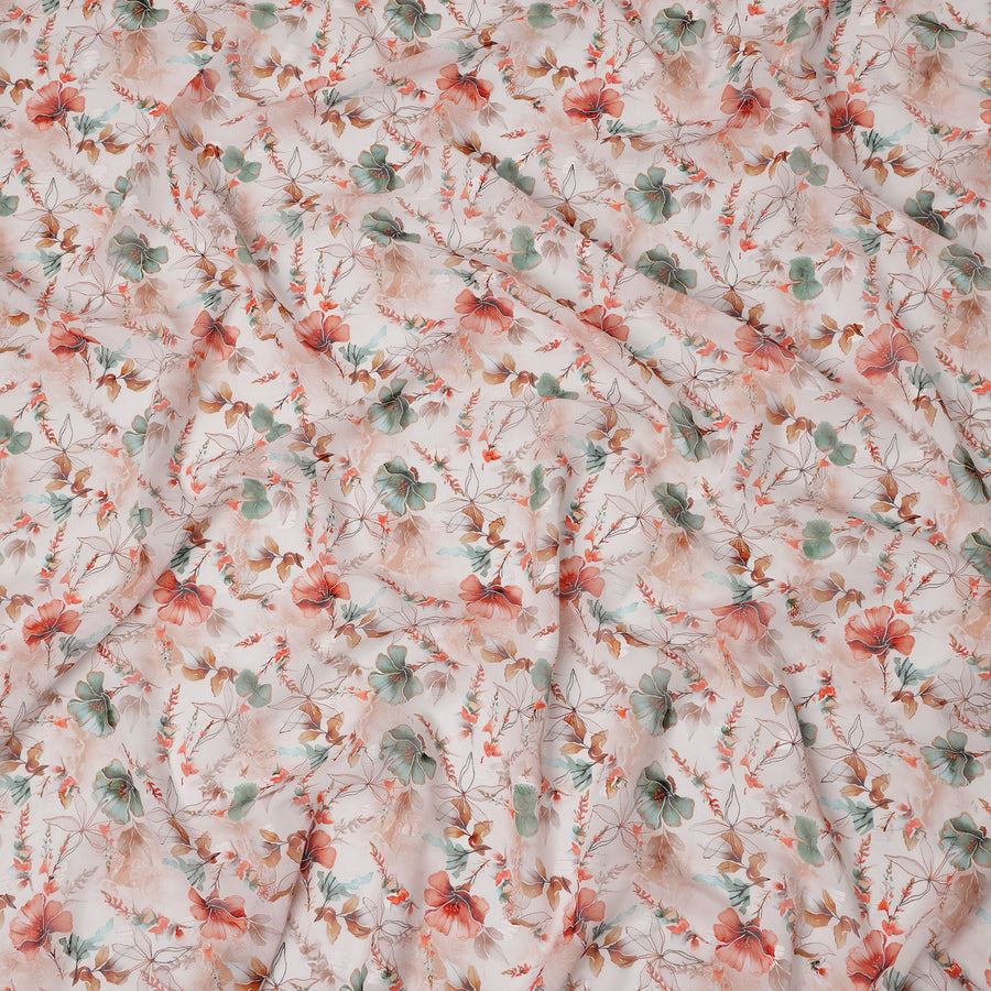 قماش قطني فوال بطبعة زهور نباتية وردية خدود مع لمسات من المرجان والأخضر والبيج، عرض 140 سم، صنع في الهند - D24330