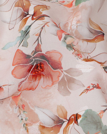 قماش قطني فوال بطبعة زهور نباتية وردية خدود مع لمسات من المرجان والأخضر والبيج، عرض 140 سم، صنع في الهند - D24330