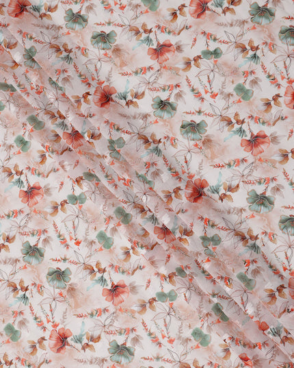 قماش قطني فوال بطبعة زهور نباتية وردية خدود مع لمسات من المرجان والأخضر والبيج، عرض 140 سم، صنع في الهند - D24330