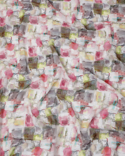 White Multicolor Abstract Brushstroke Print Cotton Voile Fabric with Pink, Grey, and Lime Accents, 140 Cms Width, Made in India-D24331