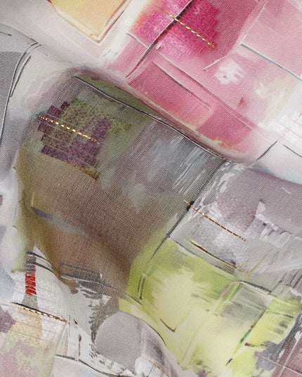 White Multicolor Abstract Brushstroke Print Cotton Voile Fabric with Pink, Grey, and Lime Accents, 140 Cms Width, Made in India-D24331