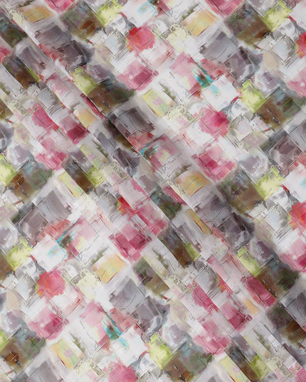 White Multicolor Abstract Brushstroke Print Cotton Voile Fabric with Pink, Grey, and Lime Accents, 140 Cms Width, Made in India-D24331