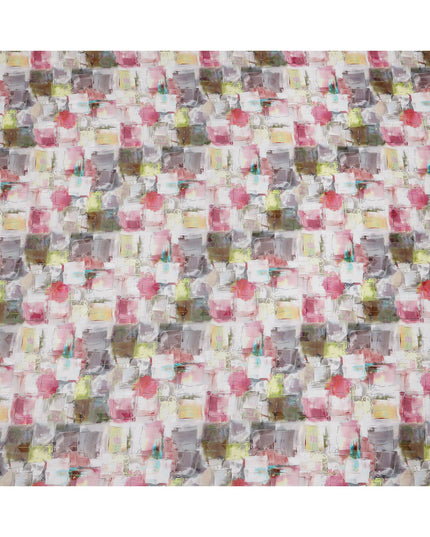 White Multicolor Abstract Brushstroke Print Cotton Voile Fabric with Pink, Grey, and Lime Accents, 140 Cms Width, Made in India-D24331