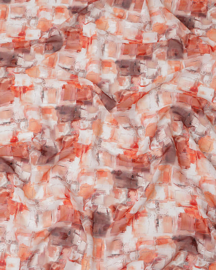 Peach Abstract Brushstroke Print Cotton Voile Fabric with Coral and Beige Accents, 140 Cms Width, Made in India-D24332
