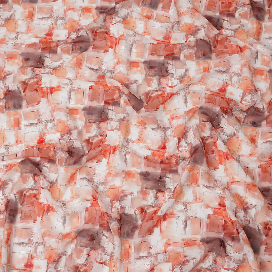 Peach Abstract Brushstroke Print Cotton Voile Fabric with Coral and Beige Accents, 140 Cms Width, Made in India-D24332