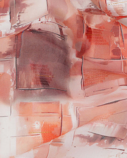Peach Abstract Brushstroke Print Cotton Voile Fabric with Coral and Beige Accents, 140 Cms Width, Made in India-D24332