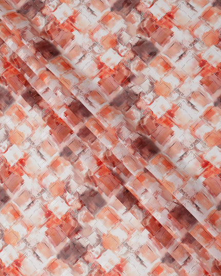 Peach Abstract Brushstroke Print Cotton Voile Fabric with Coral and Beige Accents, 140 Cms Width, Made in India-D24332