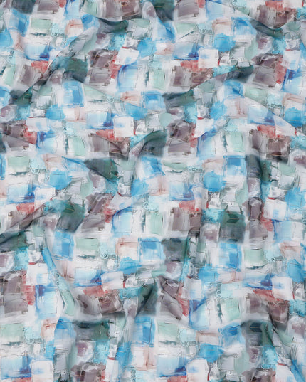 White Multicolor Abstract Brushstroke Print Cotton Voile Fabric with Blue, Teal, and Grey Accents, 140 Cms Width, Made in India-D24333