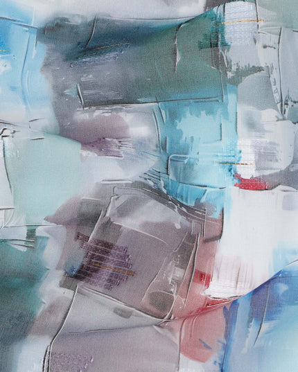 White Multicolor Abstract Brushstroke Print Cotton Voile Fabric with Blue, Teal, and Grey Accents, 140 Cms Width, Made in India-D24333