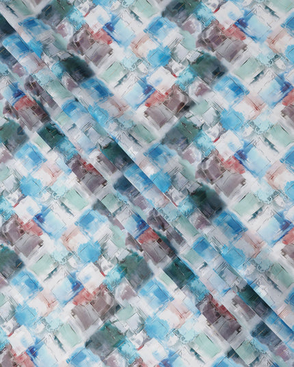 White Multicolor Abstract Brushstroke Print Cotton Voile Fabric with Blue, Teal, and Grey Accents, 140 Cms Width, Made in India-D24333