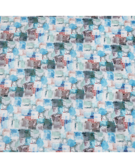 White Multicolor Abstract Brushstroke Print Cotton Voile Fabric with Blue, Teal, and Grey Accents, 140 Cms Width, Made in India-D24333