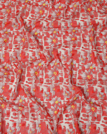 Red Daisy Floral Print Cotton Voile Fabric with White and Yellow Accents on Abstract Base, 140 Cms Width, Made in India-D24334