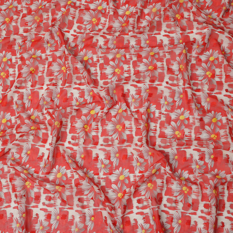 Red Daisy Floral Print Cotton Voile Fabric with White and Yellow Accents on Abstract Base, 140 Cms Width, Made in India-D24334