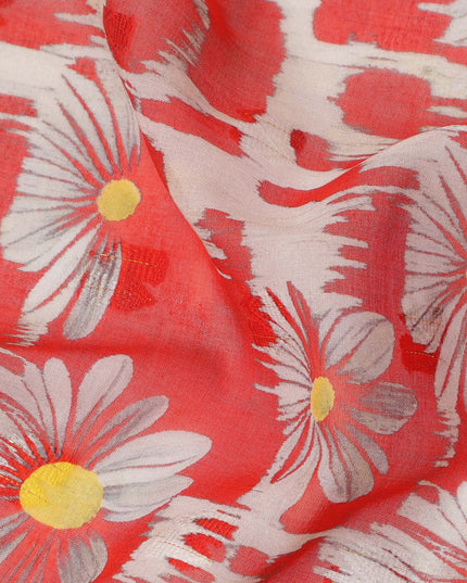 Red Daisy Floral Print Cotton Voile Fabric with White and Yellow Accents on Abstract Base, 140 Cms Width, Made in India-D24334