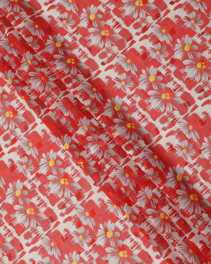 Red Daisy Floral Print Cotton Voile Fabric with White and Yellow Accents on Abstract Base, 140 Cms Width, Made in India-D24334