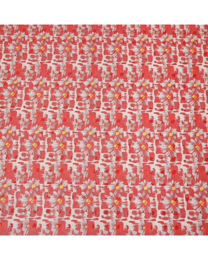 Red Daisy Floral Print Cotton Voile Fabric with White and Yellow Accents on Abstract Base, 140 Cms Width, Made in India-D24334