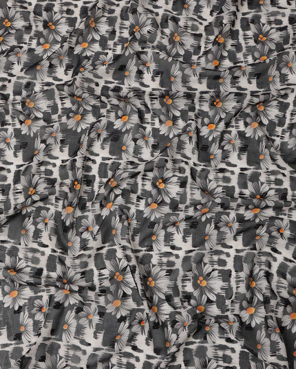 Black and White Daisy Floral Print Cotton Voile Fabric with Grey and Orange Accents on Abstract Base, 140 Cms Width, Made in India-D24335