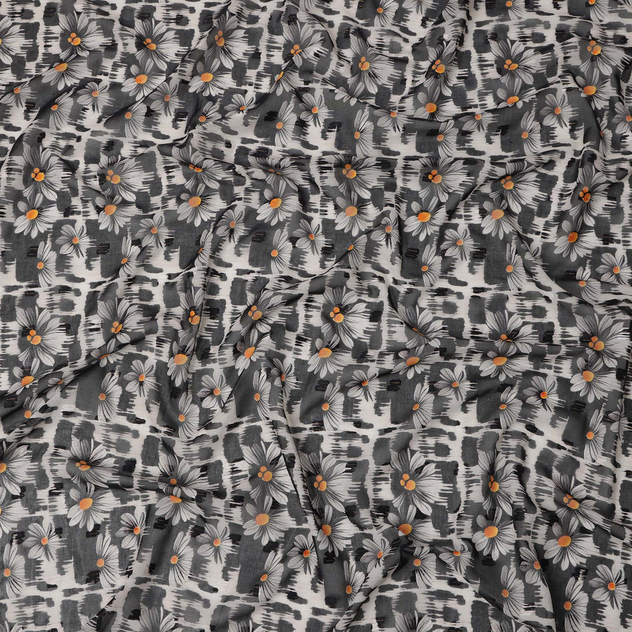 Black and White Daisy Floral Print Cotton Voile Fabric with Grey and Orange Accents on Abstract Base, 140 Cms Width, Made in India-D24335