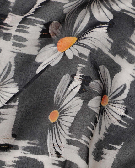 Black and White Daisy Floral Print Cotton Voile Fabric with Grey and Orange Accents on Abstract Base, 140 Cms Width, Made in India-D24335