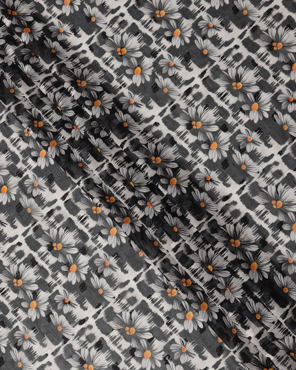 Black and White Daisy Floral Print Cotton Voile Fabric with Grey and Orange Accents on Abstract Base, 140 Cms Width, Made in India-D24335