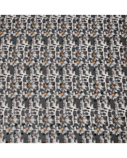 Black and White Daisy Floral Print Cotton Voile Fabric with Grey and Orange Accents on Abstract Base, 140 Cms Width, Made in India-D24335
