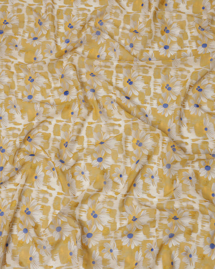 Mustard Yellow Daisy Floral Print Cotton Voile Fabric with White and Blue Accents on Abstract Base, 140 Cms Width, Made in India-D24336